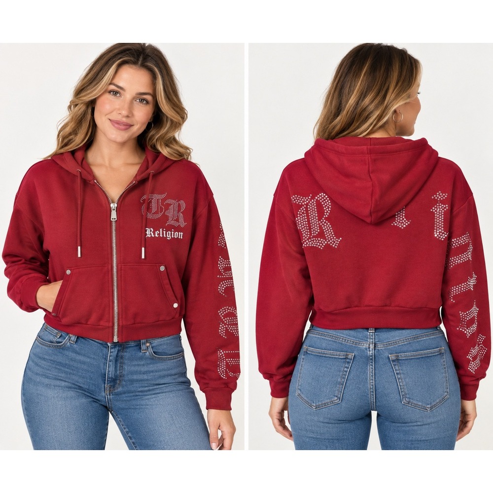 True Religion M Burgundy Rhinestone Bling Y2K Cropped Zip Up Hoodie Streetwear